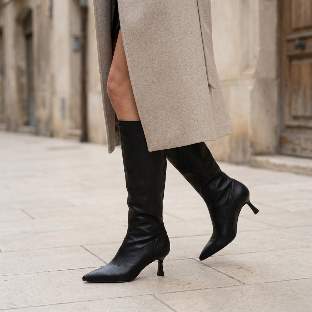 Mulher a caminhar em rua empedrada com casaco comprido cinzento e botas de cano alto pretas Mariamare de salto fino