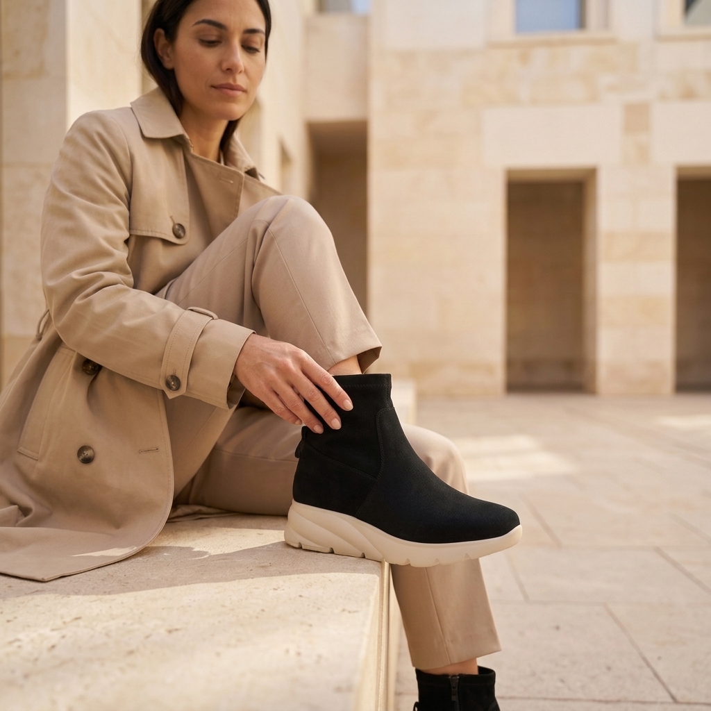 Mulher de gabardina bege a calçar o botim Mariamare Selora preto com sola cru, sentada num exterior urbano em pedra clara