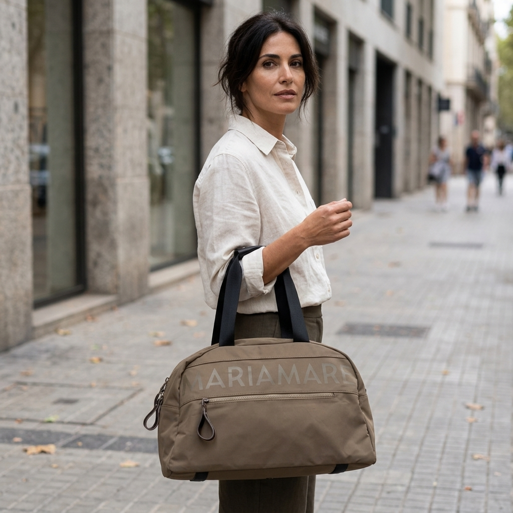 Mulher de camisa branca numa rua com fachadas em pedra, a segurar a mala bowling Mariamare Duvet verde kaki