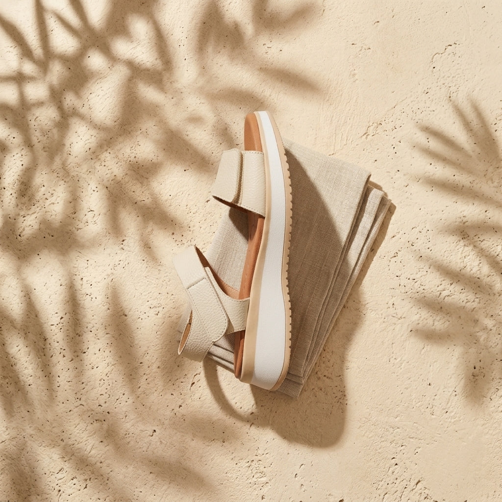 Sandália Oh My Sandals 5660 bege vista de cima, apoiada sobre tecido de linho natural, com sombra de folhas de palmeira em fundo de pedra texturada — duas tiras de pele com relevo suave e sola branca de cunha
