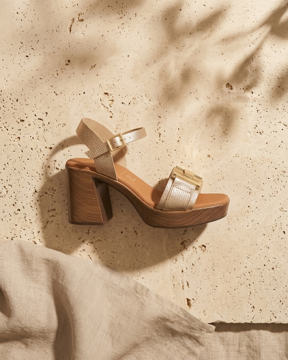 Sandália Oh My Sandals 5931 dourado metalizado, vista lateral esquerda sobre travertino com sombra de ramo e tecido de linho — tira frontal com fivela dourada e plataforma bloco madeira