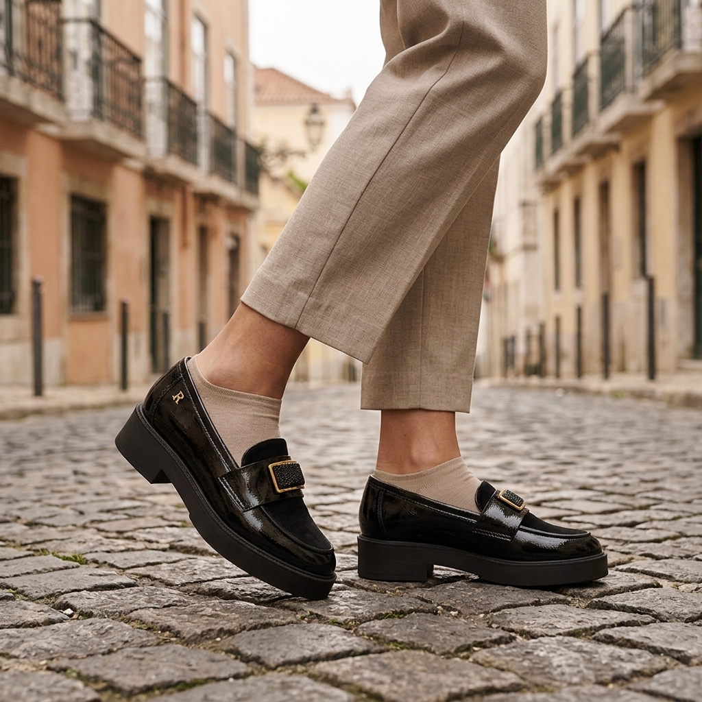 Mulher a caminhar numa rua de calçada com mocassins Ruika pretos em verniz, calças bege e meias de tom nude