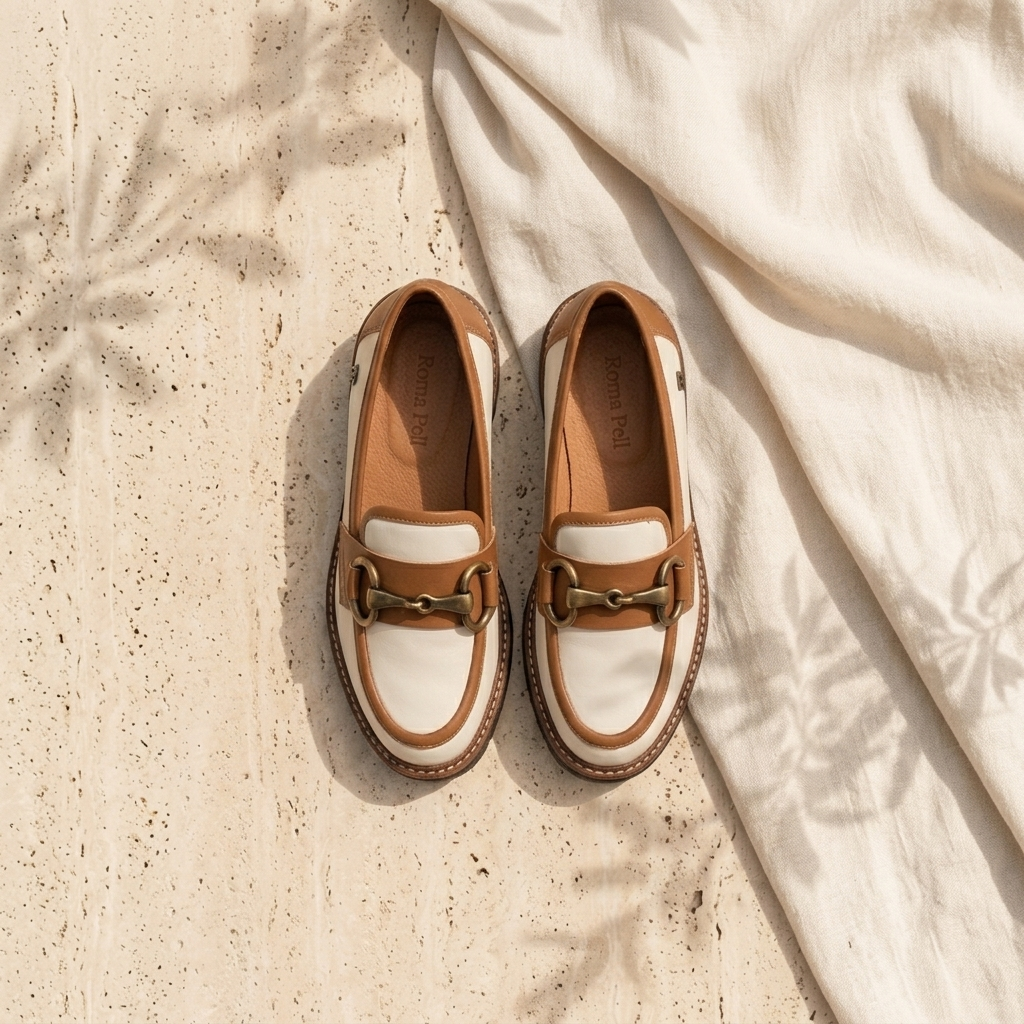 Mocassim Feminino Ruika bicolor bege e camel, vista de cima, par completo sobre piso de pedra clara com tecido de linho branco, fivela dourada estilo horsebit em destaque