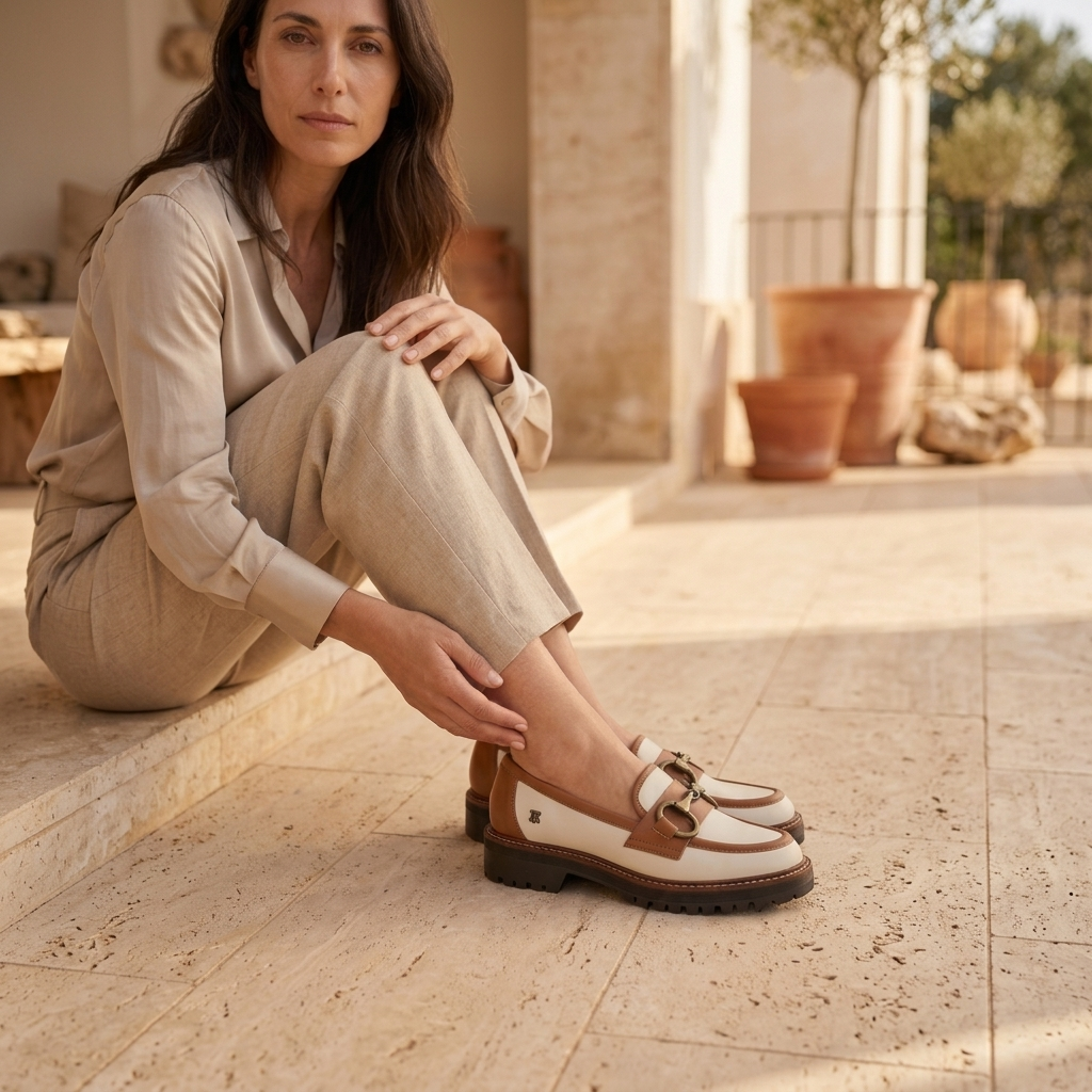 Mulher sentada num pátio mediterrânico calçando o Mocassim Feminino Ruika bege e camel, com vasos de barro e ambiente exterior ao fundo