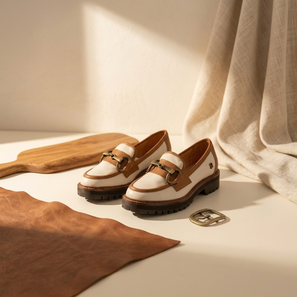 Mocassim Feminino Ruika bicolor bege e camel em still life, junto a couro castanho, tábua de madeira e cortina de linho, com a fivela dourada horsebit solta ao lado