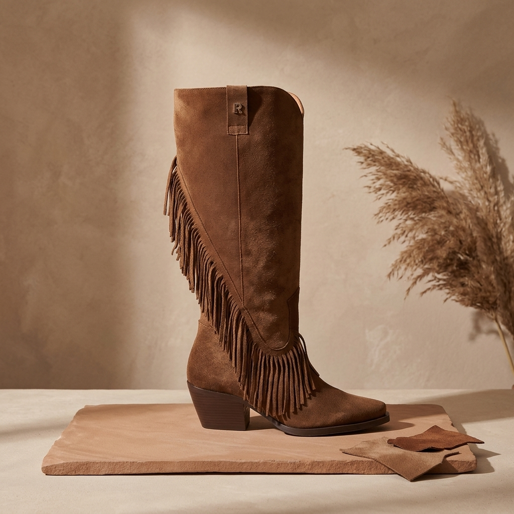 Bota Ruika em camurça camel com franjas laterais sobre uma base em tom areia, com erva seca decorativa ao fundo