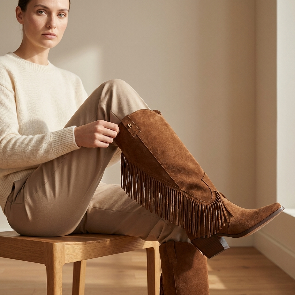 Mulher sentada num banco de madeira a ajustar a bota Ruika camel de franjas, com camisola creme e calças bege