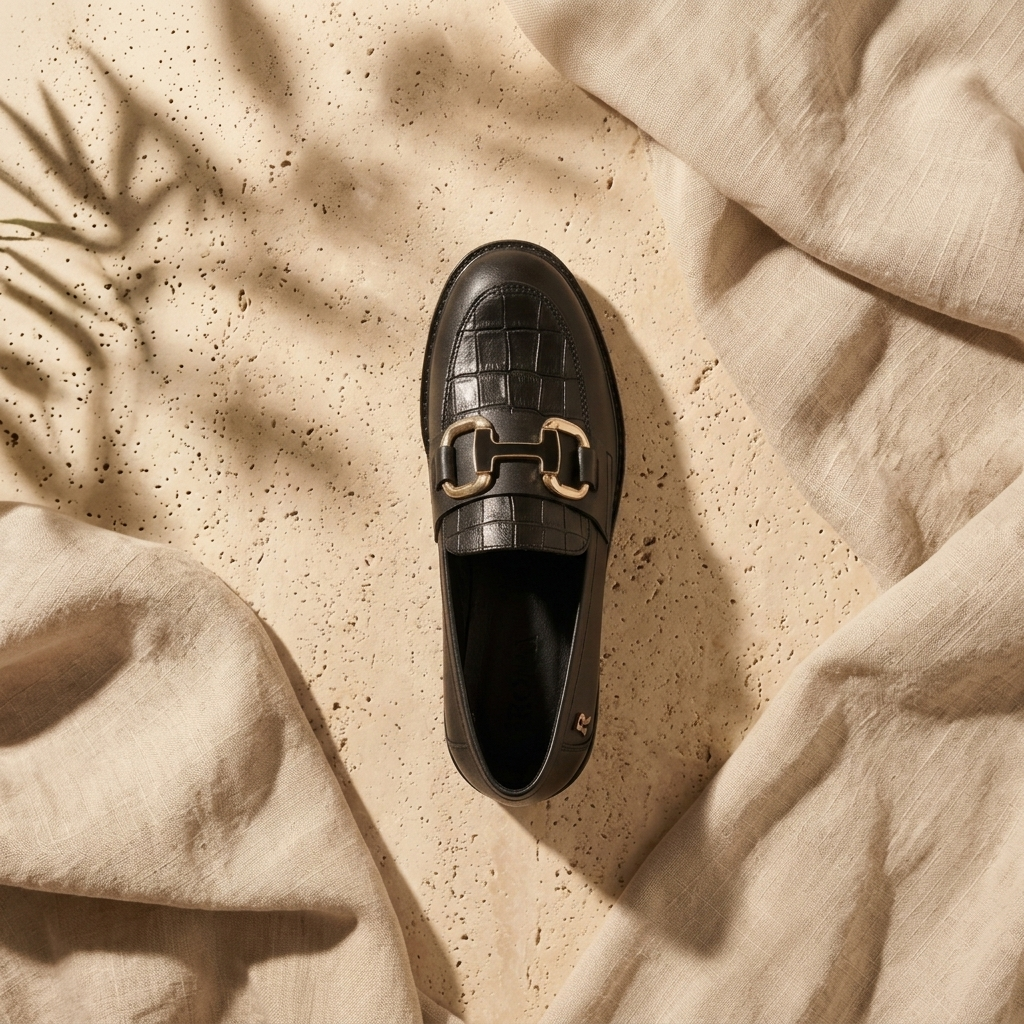 Mocassim Feminino Ruika preto, vista de cima, com painel em relevo tipo croco e fivela metálica de duplo anel, sobre tecido de linho claro