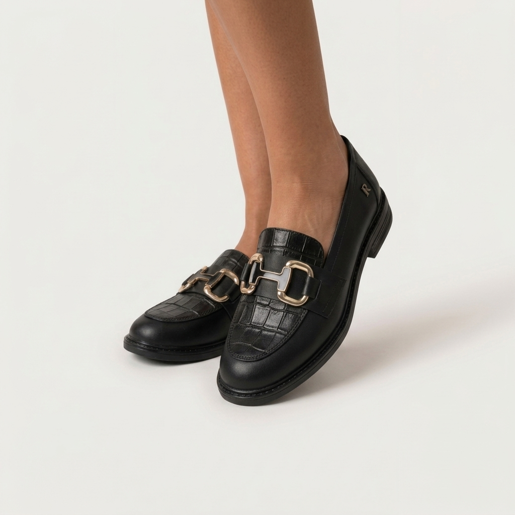 Mocassim Feminino Ruika preto calçado, pormenor dos pés e tornozelos, fundo branco neutro, fivela metálica em destaque
