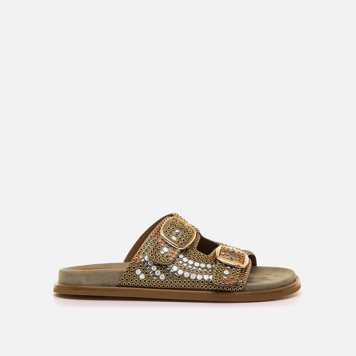 Sandália plana bio Mariamare Faella verde kaki com pedraria colorida e fivelas metálicas - Vista lateral.