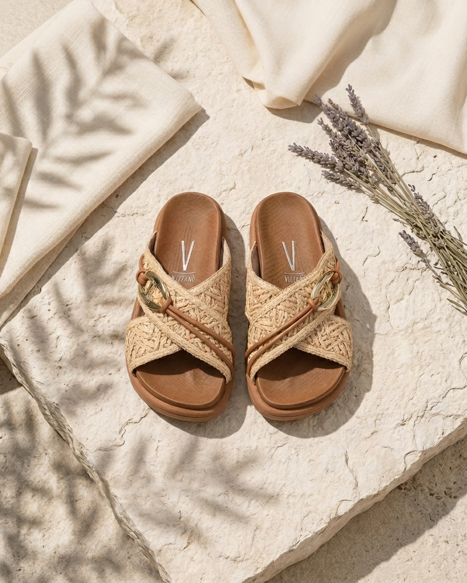 Chinelo Vizzano entrançado em ráfia bege com detalhe metálico dourado e sola caramelo, fotografado de cima sobre pedra calcária clara com lavanda seca e tecido cru ao fundo — ambiente natural de verão.