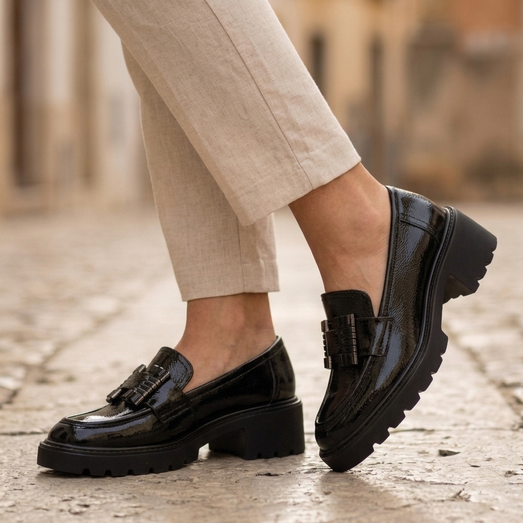 Pernas e tornozelos de mulher com meias brancas curtas, calçando o mocassim Xti preto em verniz, fotografia lifestyle ao ar livre.