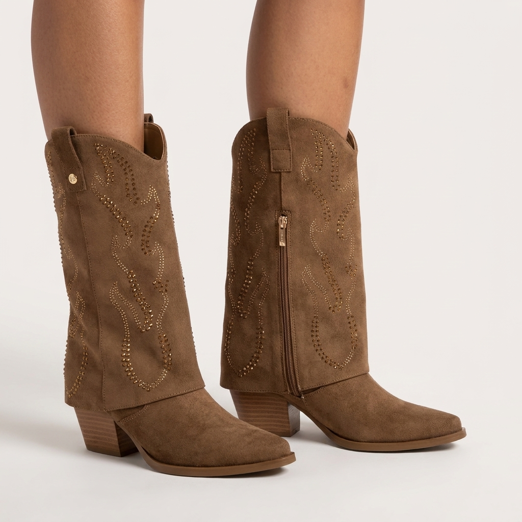 Pernas com botas texanas XTi taupe em antelina, aba sobreposta com tachas douradas e fecho interior, em ângulo frontal