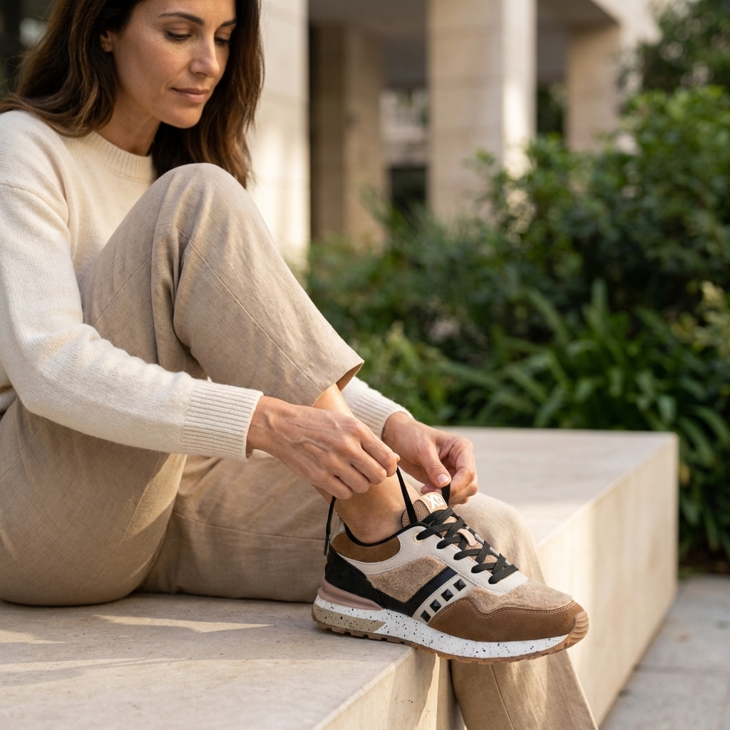 Mulher sentada num banco de pedra a calçar sapatilhas XTI castanho e branco, com vegetação ao fundo, num look casual em tons neutros.