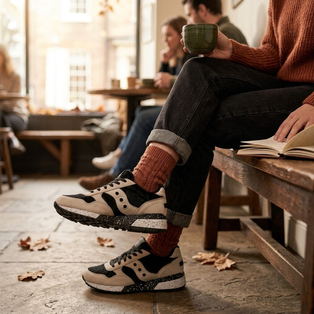 Pessoas sentadas num café ao ar livre, com as Sapatilhas XTI preto e branco em destaque entre folhas de outono