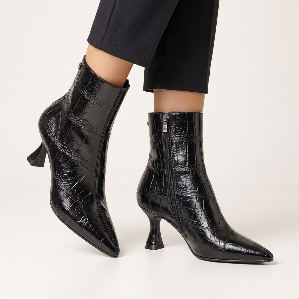 Pormenor dos botins XTi pretos efeito croco com fecho de correr interior, calçados com calças pretas