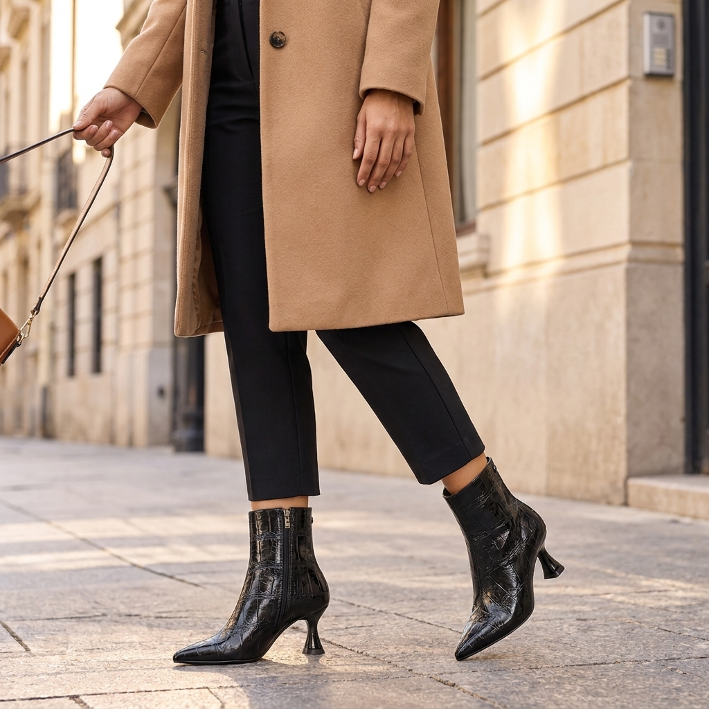 Mulher de casaco camel e calças pretas a caminhar com botins XTi pretos efeito croco e tacão taça