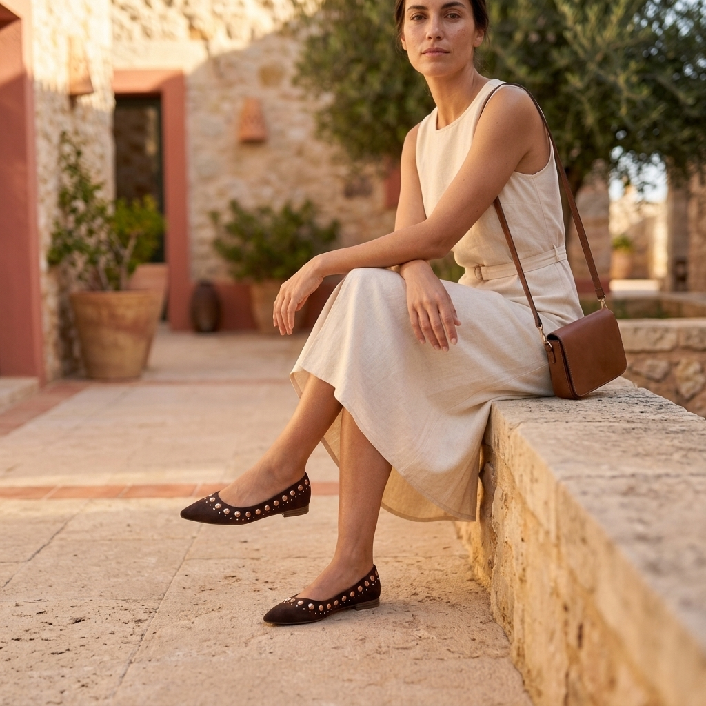 Mulher sentada num murete de pedra num pátio com oliveiras, vestida com um vestido midi cru e mala a tiracolo, calçando Sabrinas XTI castanhas em camurça com tachas.