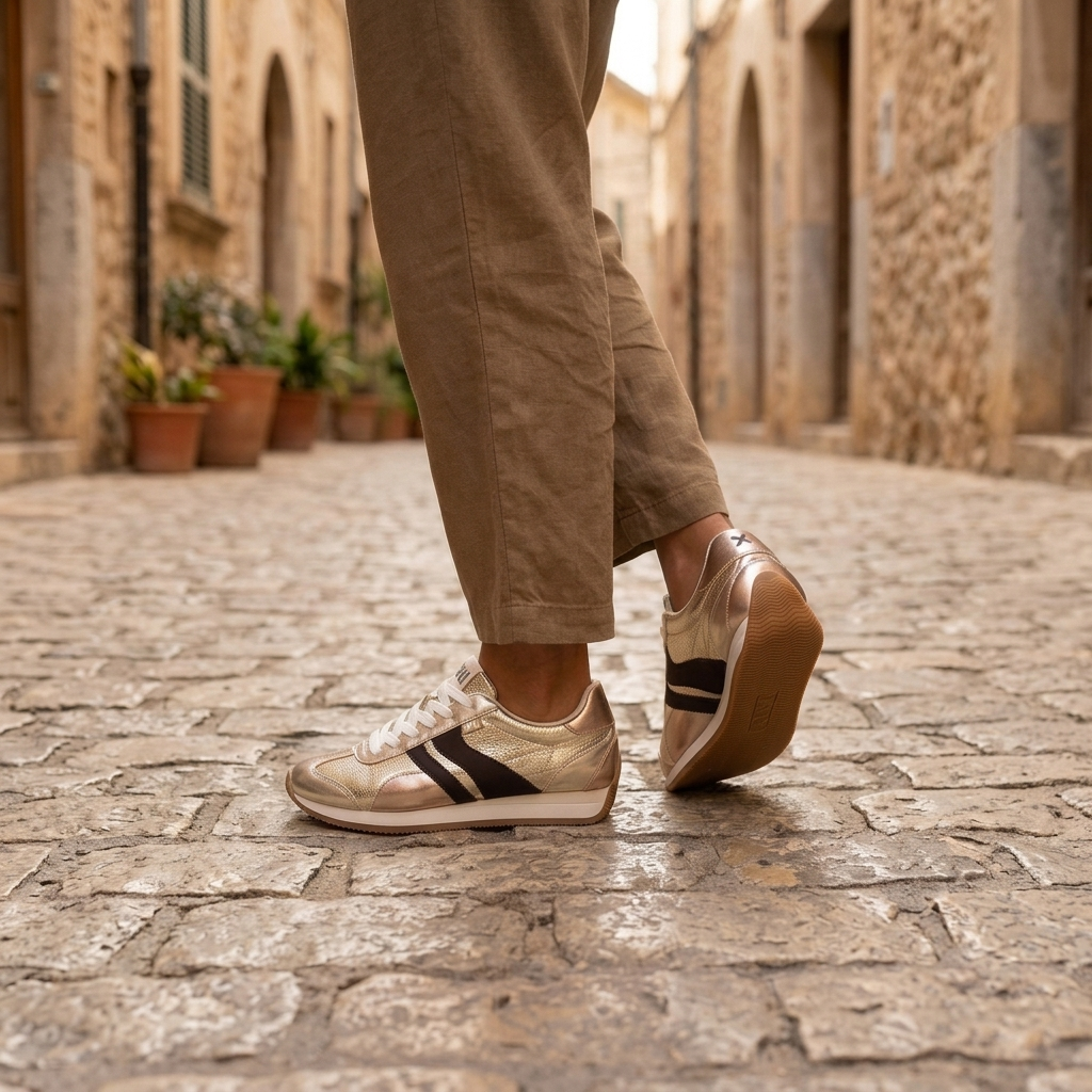 Detalhe dos pés calçados com a sapatilha XTi dourada, a caminhar numa rua de calçada portuguesa em ambiente histórico