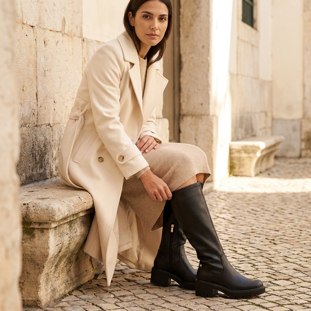 Mulher de trench coat bege sentada num banco de pedra, a usar botas XTi pretas de cano alto, vista de frente