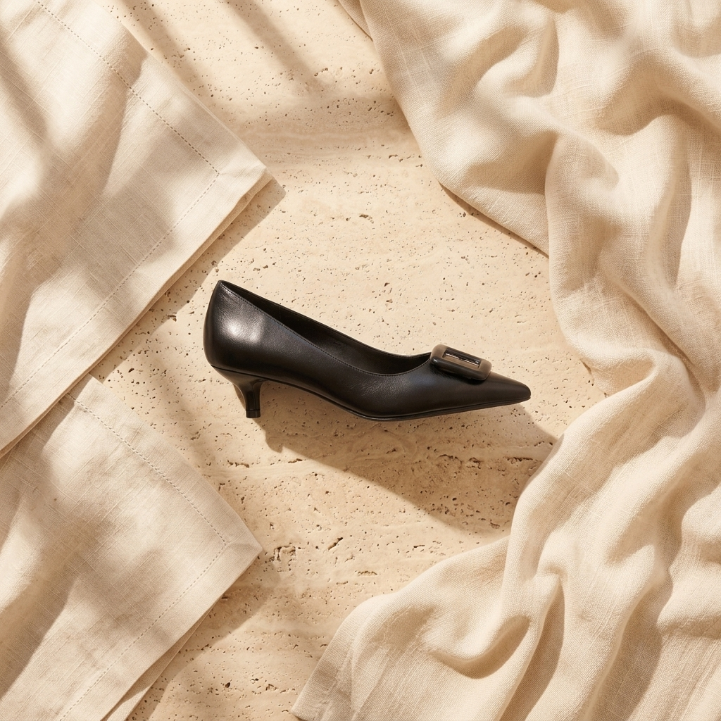 Sapato XTi Preto pousado sobre uma superfície de pedra clara, com tecido em linho bege enrolado ao lado, em still life minimalista.