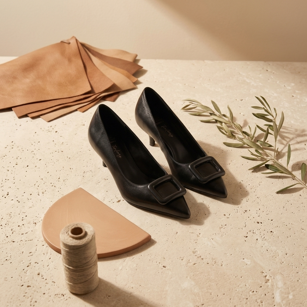 Par de Sapatos XTi Preto sobre superfície de pedra clara, com retalhos de pele castanha, novelo de fio e ramo de oliveira decorativo.