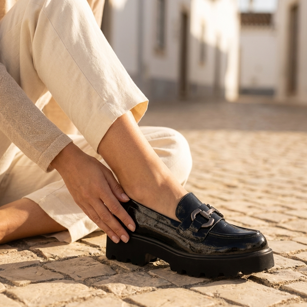 Mão a ajustar o mocassim XTi em verniz kaki com adorno metálico, numa rua de calçada