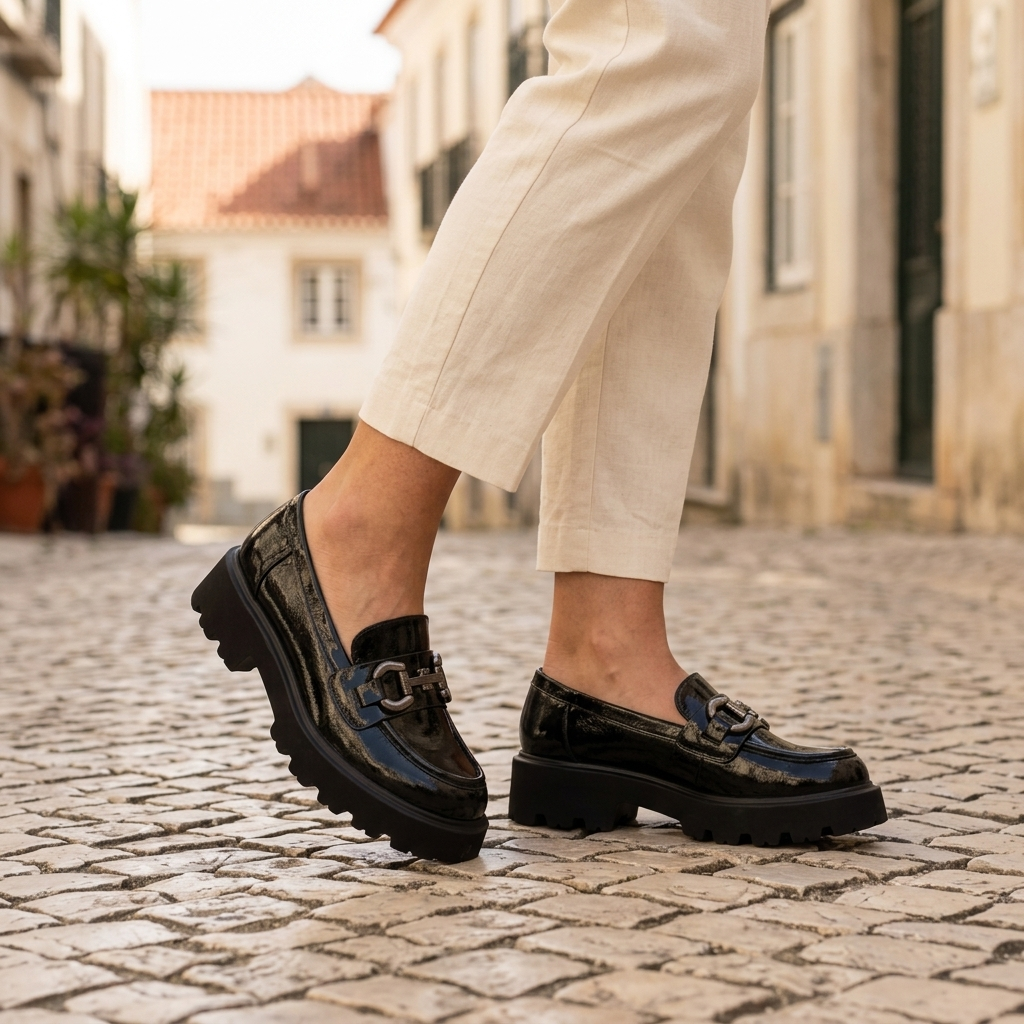 Mocassins XTi em verniz kaki com sola plataforma a caminhar numa rua de calçada, com calças cor creme