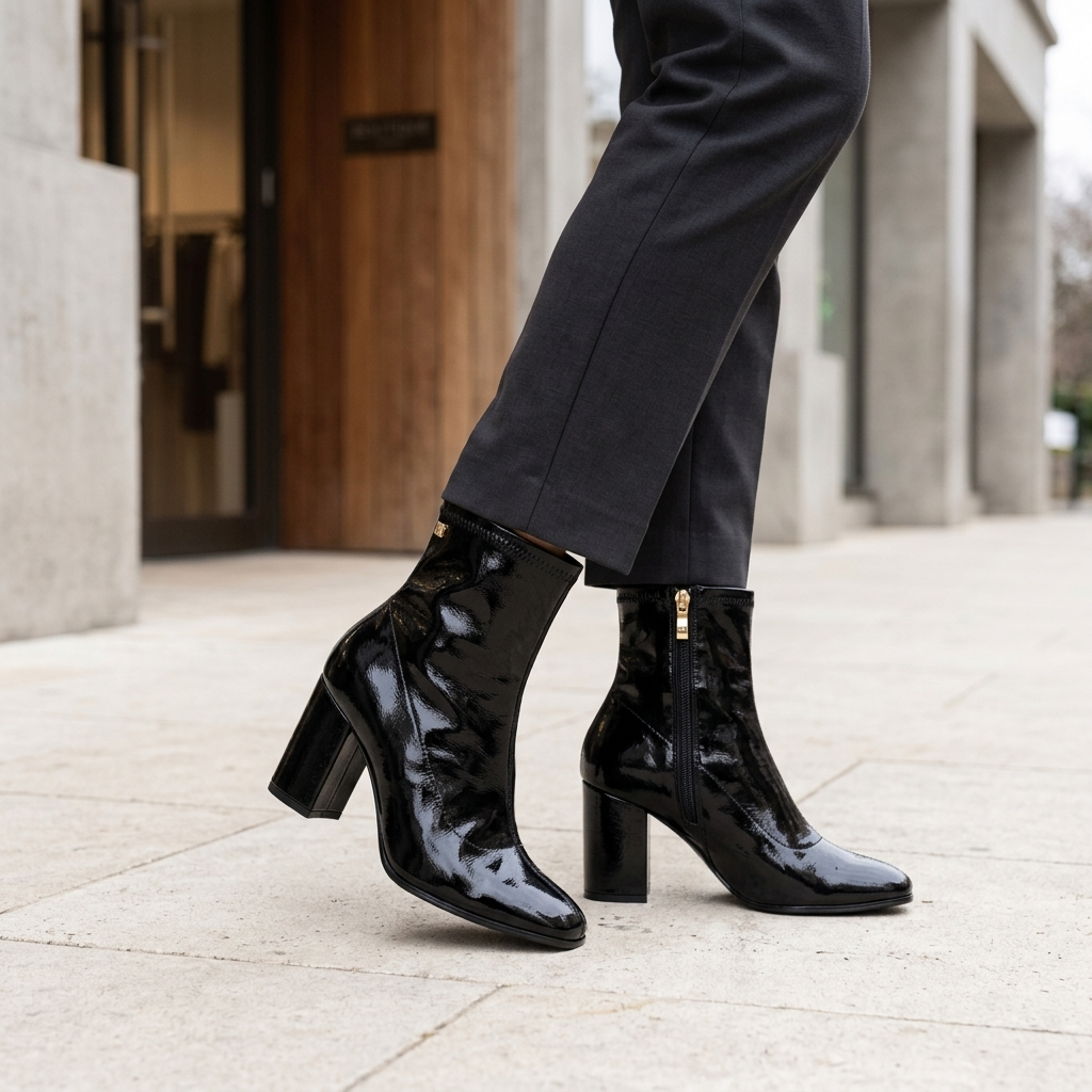 Mulher a caminhar na rua com calças cinzentas e botins XTi pretos em verniz com tacão largo e fecho de correr dourado