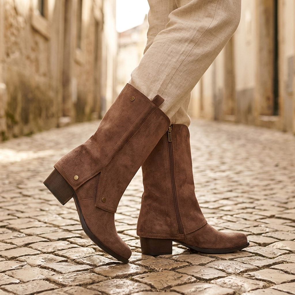 Botins XTi taupe em antelina com cano de pregas, usados com calças de linho bege a caminhar numa rua de calçada portuguesa