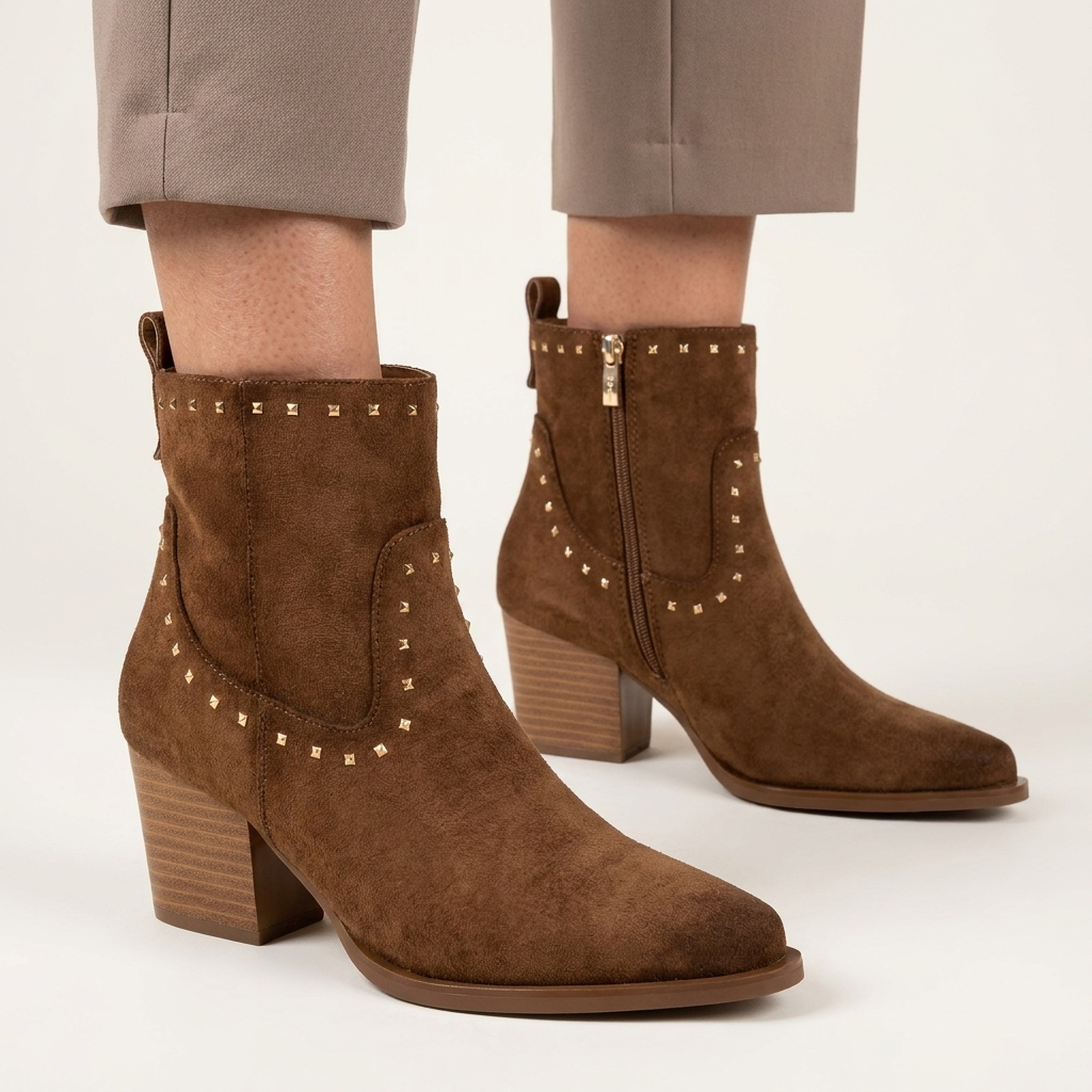 Pernas de mulher com calças cinzentas a calçar botins XTi camel em antelina com apliques metálicos e fecho lateral, em estúdio