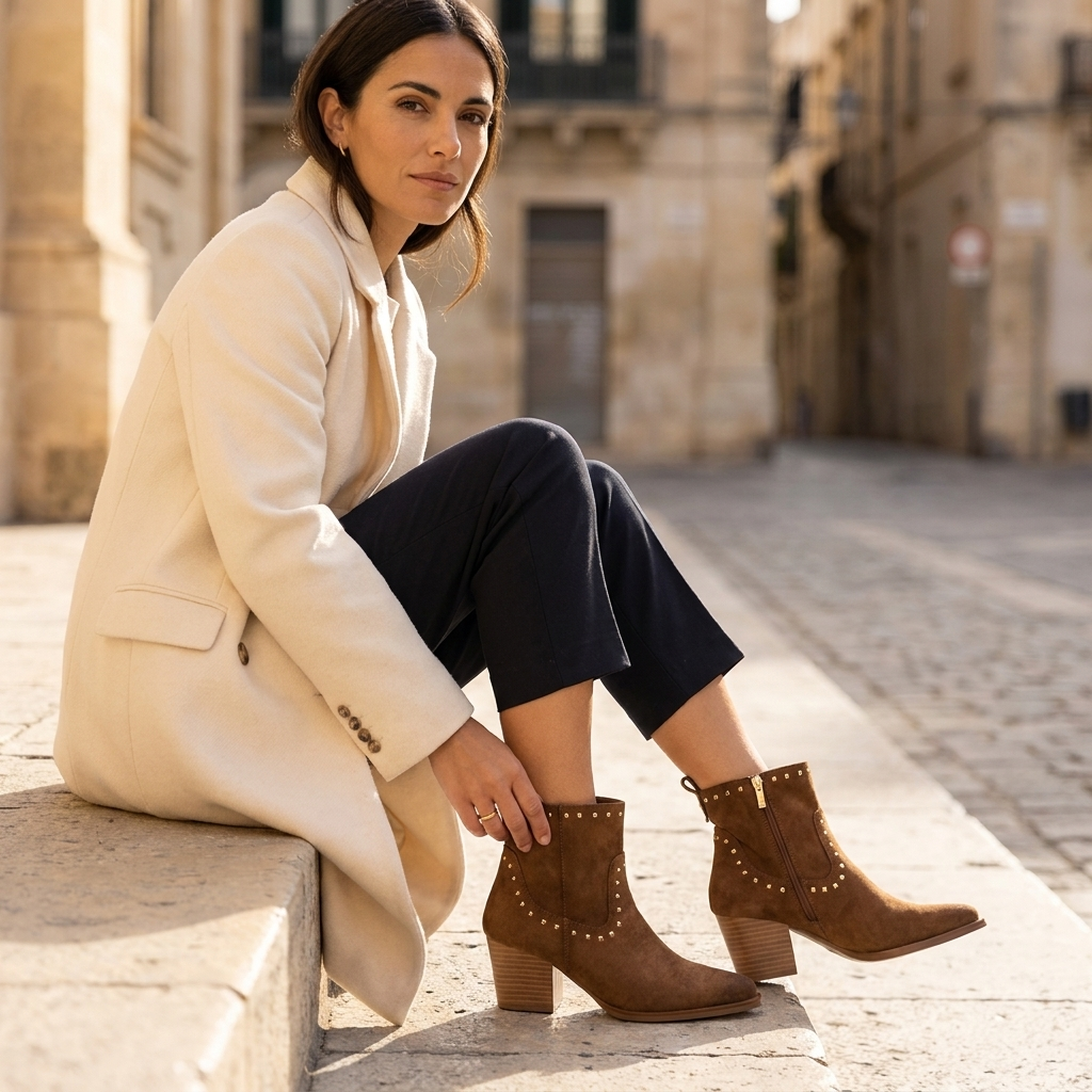 Mulher de casaco creme sentada num degrau de pedra com botins XTi camel em antelina com apliques metálicos, numa rua histórica