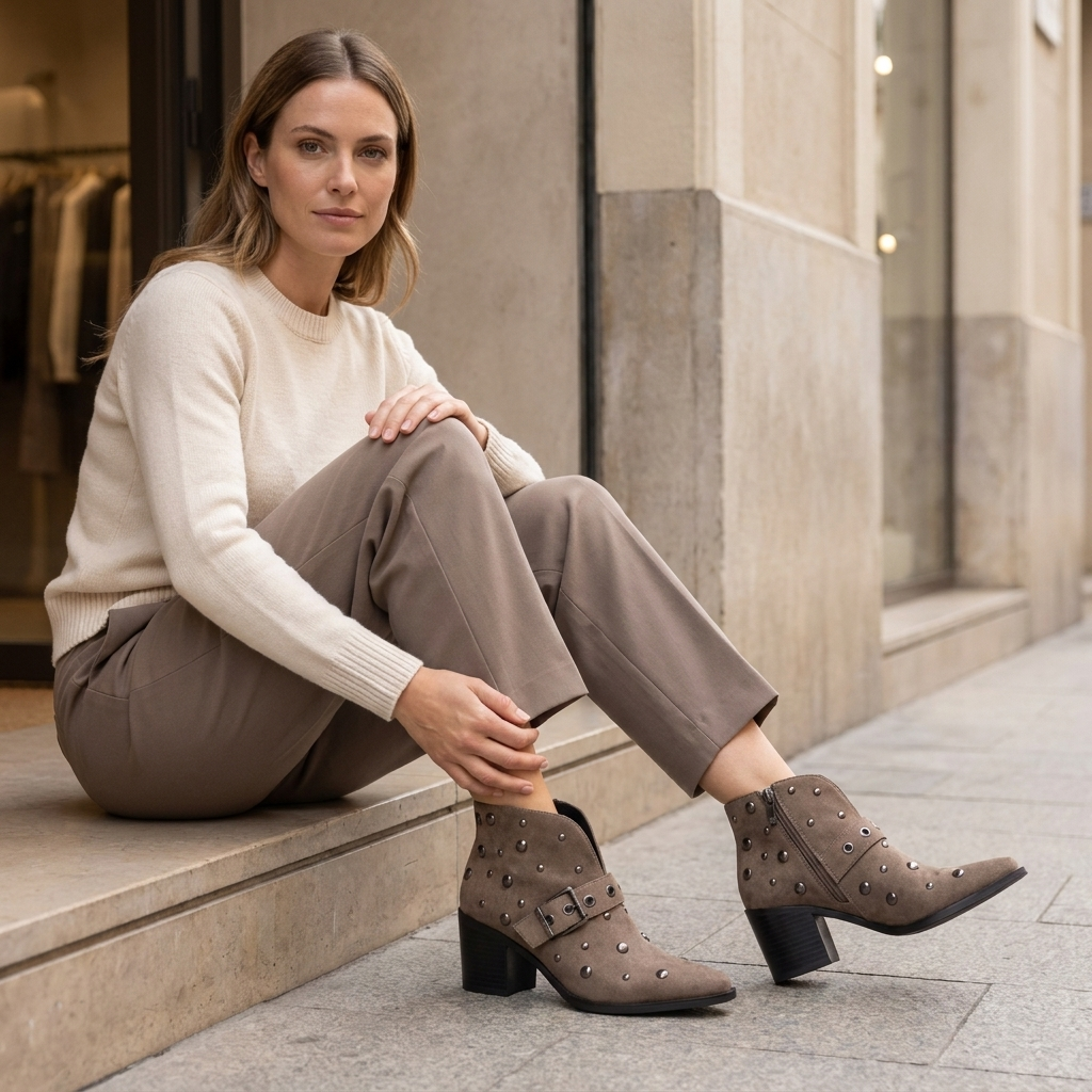 Mulher sentada num degrau de rua com camisola clara, a calçar botins XTi taupe em antelina com tachas metálicas