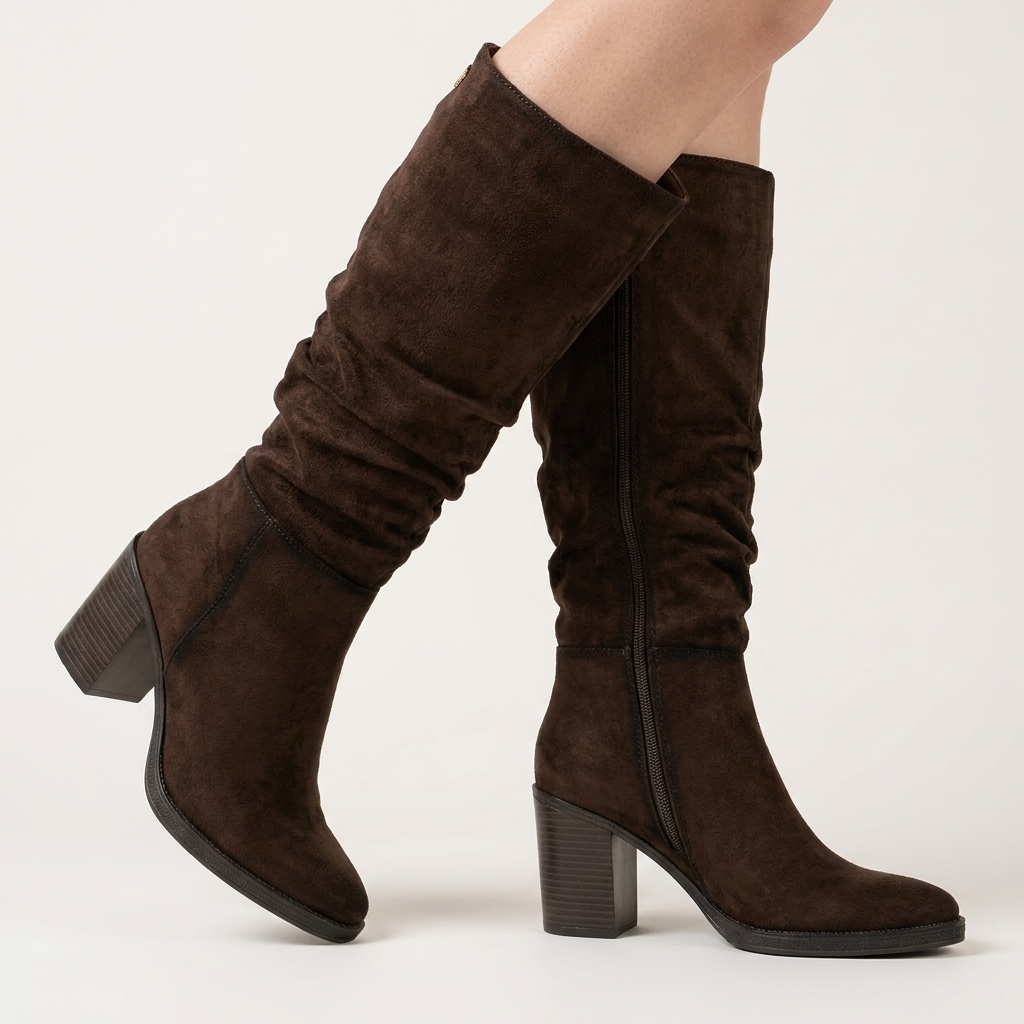 Detalhe de botas XTi castanhas em antelina, com cano alto franzido, tacão largo e fecho de correr visível no lado interior