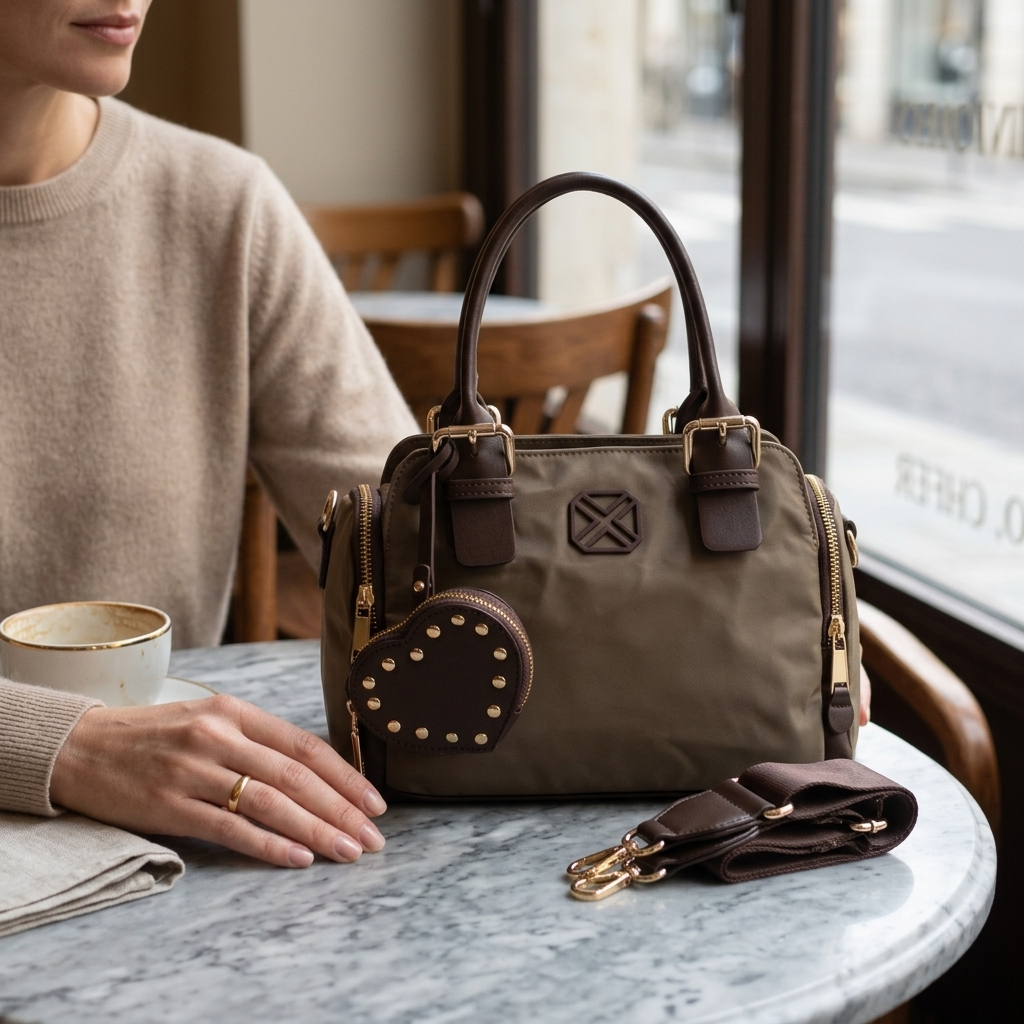 Mala bowling Xti taupe pousada numa mesa de mármore de um café, com a alça tiracolo ao lado e o porta-moedas em coração à vista