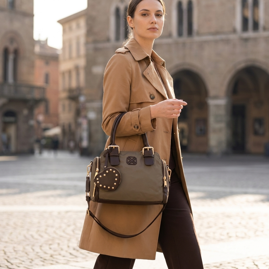 Mulher de trench camel a caminhar com a mala bowling Xti taupe a tiracolo, com a alça amovível a cruzar o corpo