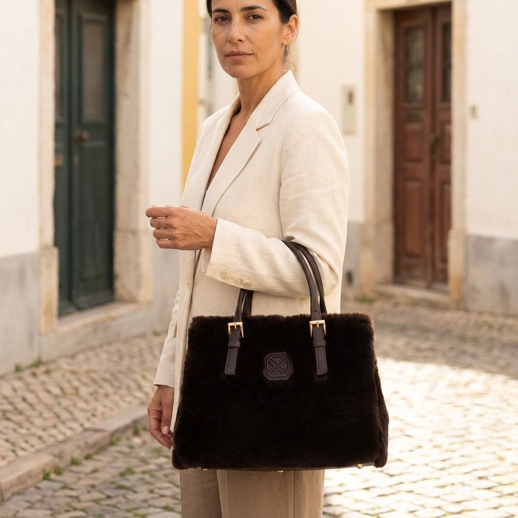 Mulher de blazer creme numa rua de calçada com a mala de ombro Xti castanha com efeito pelo