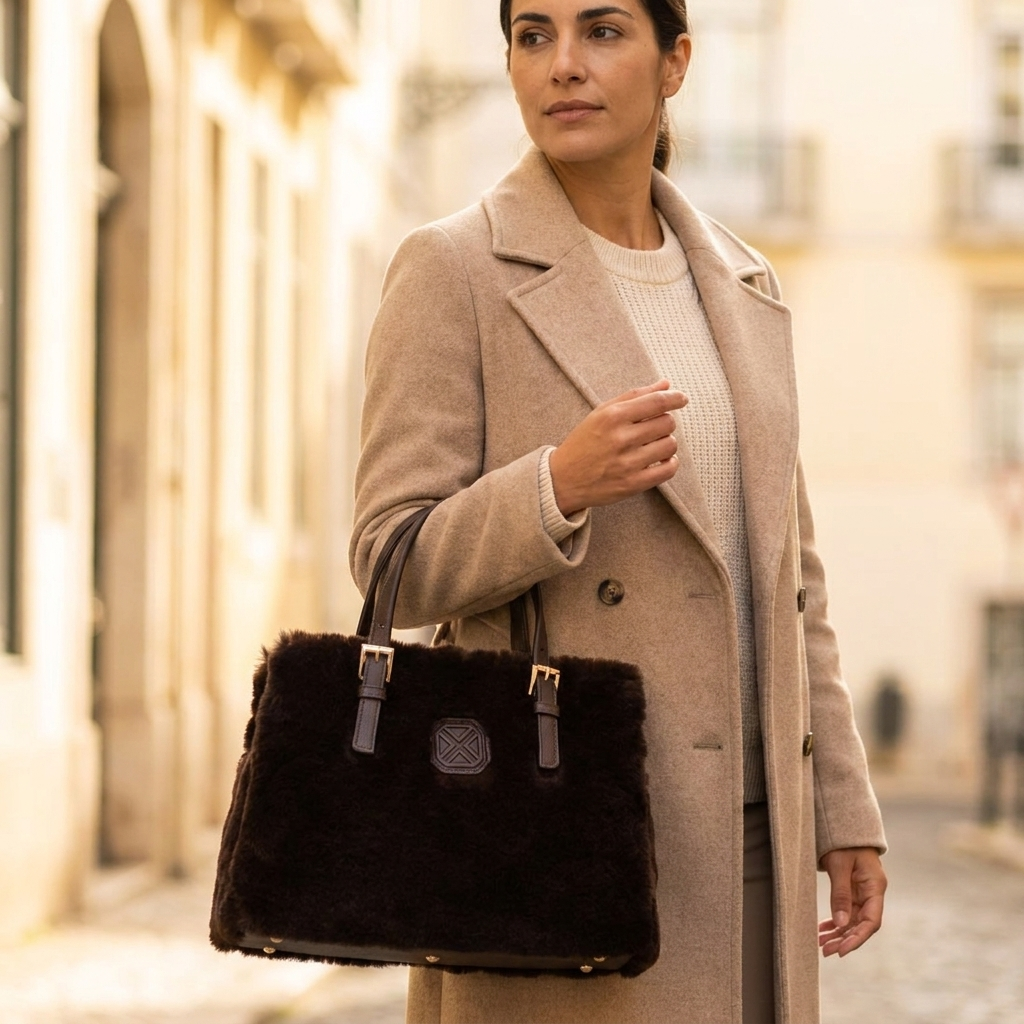 Mulher de casaco camel comprido leva ao ombro a mala Xti castanha com efeito pelo numa rua com fachadas amarelas