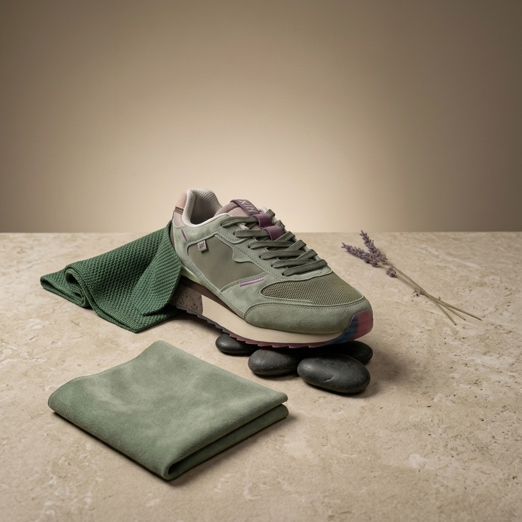 Sapatilha XTI camurça kaki em still life com pano de camurça e seixos