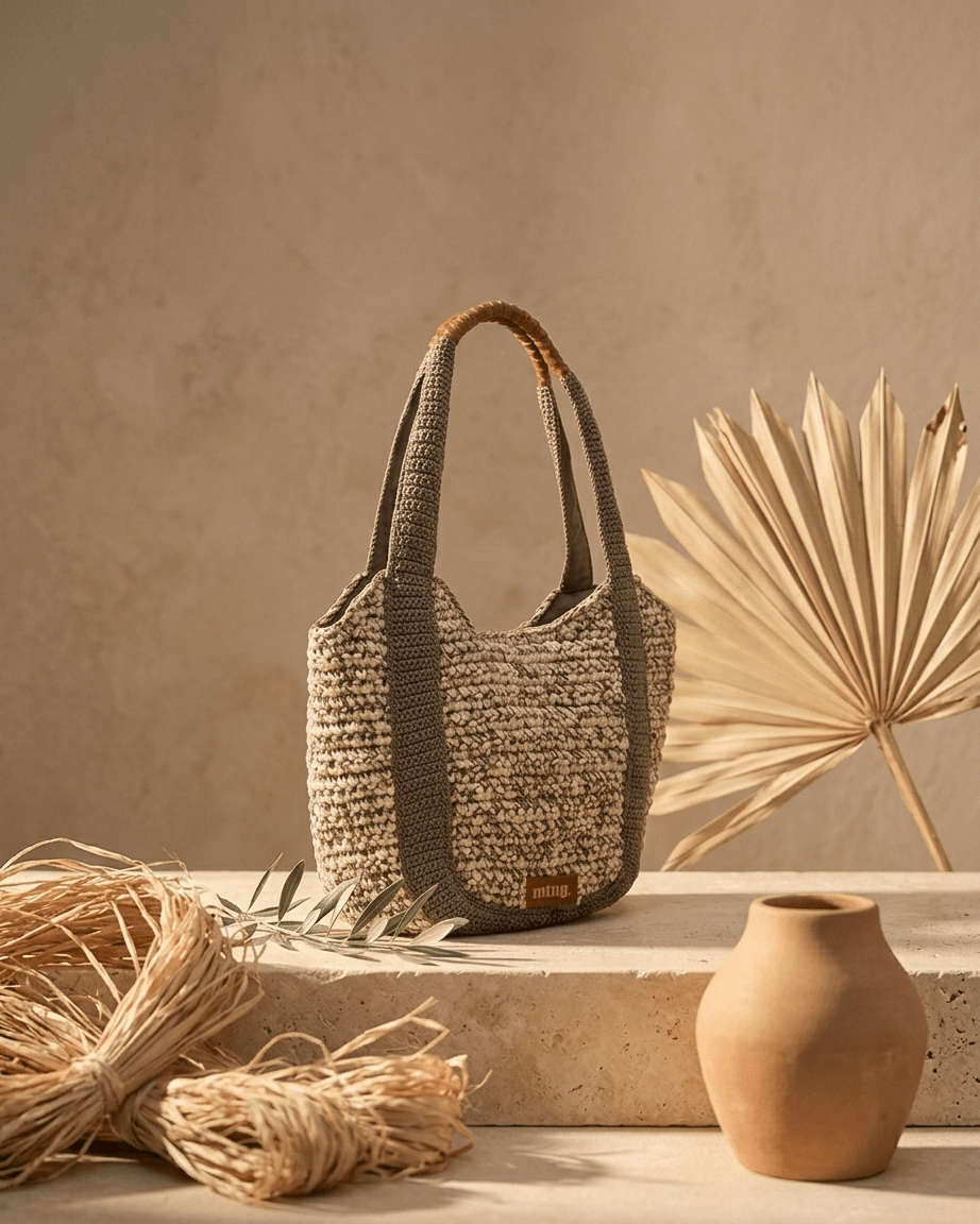 Bolsa shopper Mustang Mar em ráfia de papel natural com alças duplas em macramê cáqui e reforço superior em couro castanho, sobre base de pedra calcária com folha de palmeira seca e detalhes naturais ao fundo