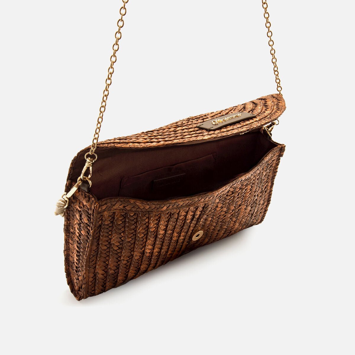 Bolsa Socha Mariamare | Entrançado de Palha | Alça Corrente Dourada - Roma Pell