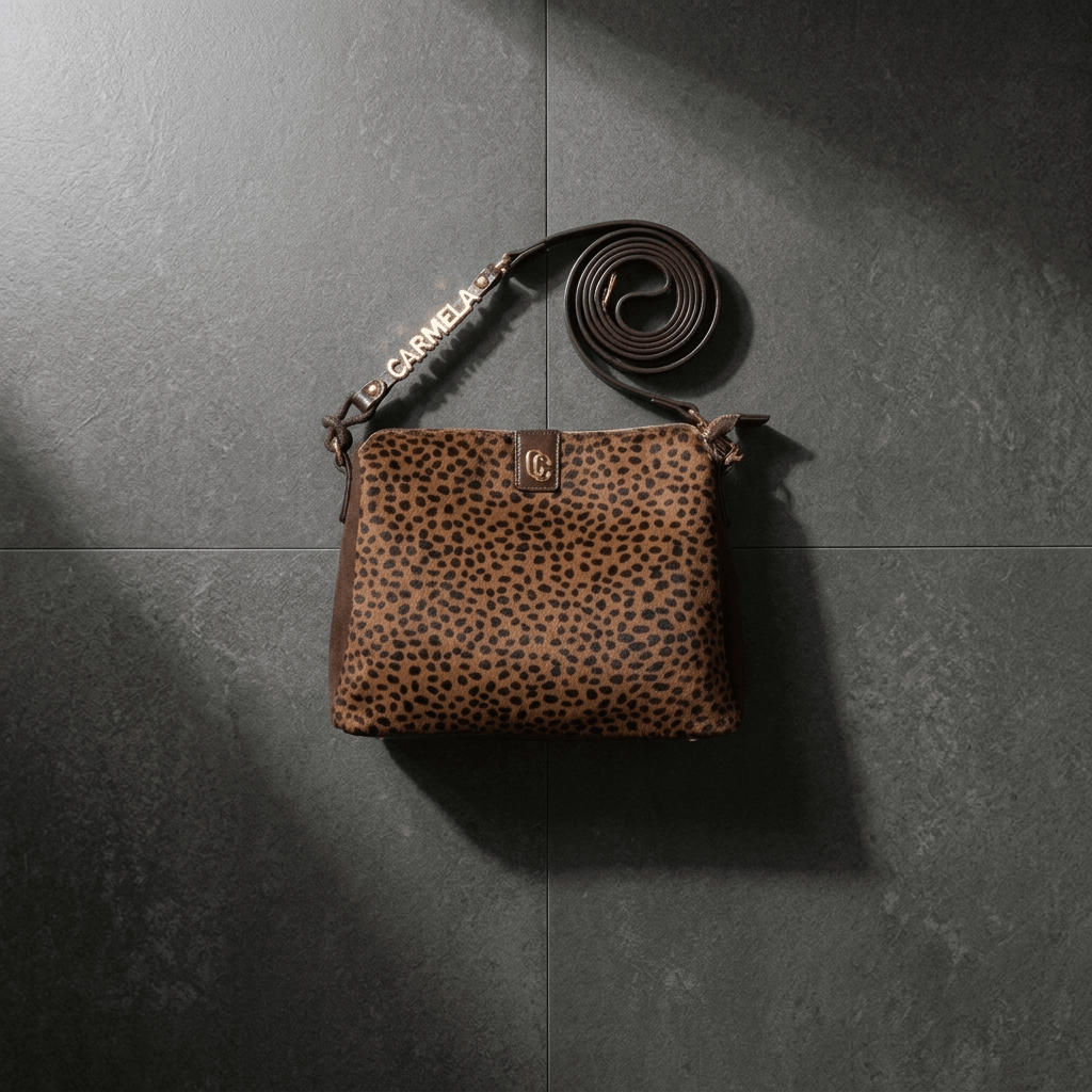 Bolsa Carmela camurça castanho em plano de still, sobre piso em pedra escura, com as alças enroladas ao lado.