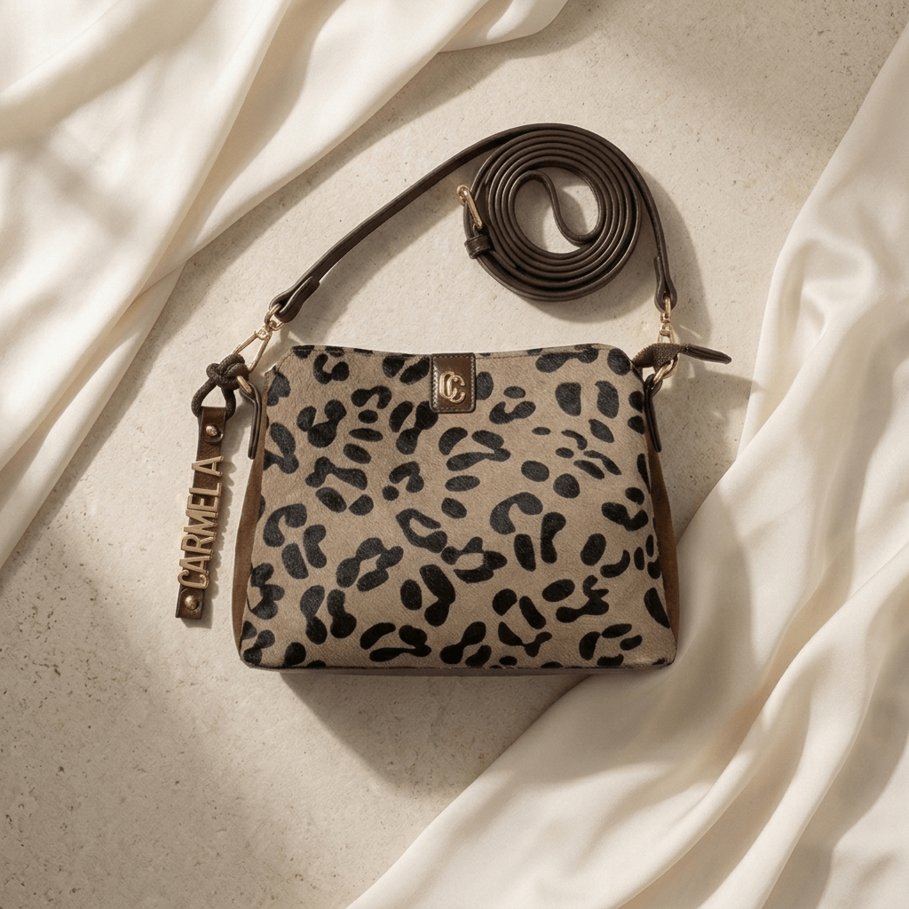 Bolsa Carmela camurça taupe em plano de still, sobre tecido claro drapeado, com as alças enroladas ao lado.