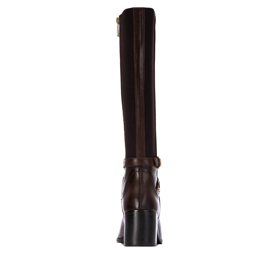 Bota Carmela em pele castanha com fivela decorativa em metal dourado, vista traseira