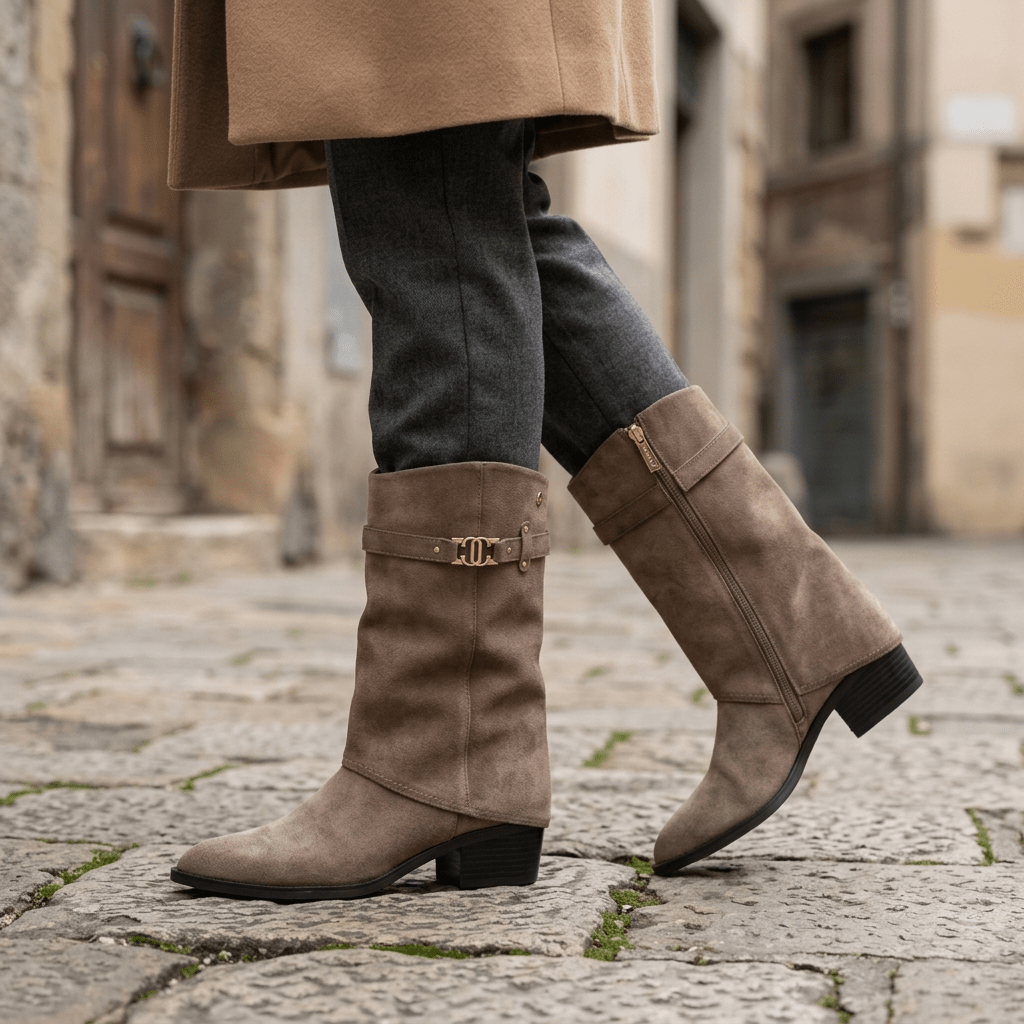 Mulher a caminhar em rua de calçada com botas Carmela em camurça taupe, calças cinzentas e casaco camel, vista lateral