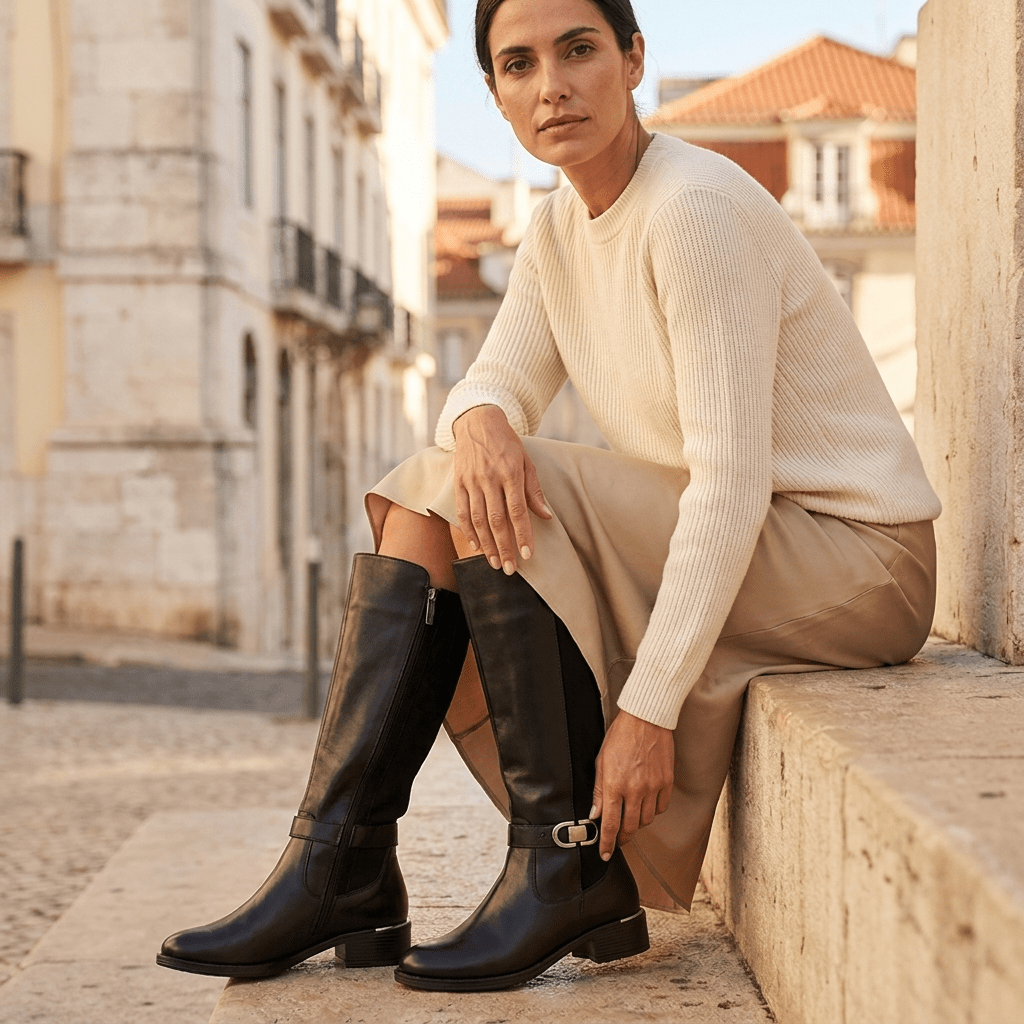 Mulher de camisola creme e saia caramelo sentada num degrau de pedra a calçar uma bota Carmela preta de cano alto
