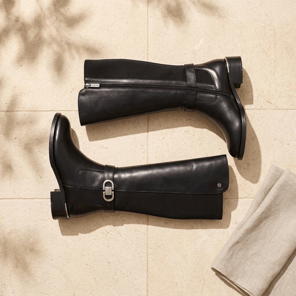 Par de botas Carmela de cano alto em pele preta com fivela prateada, em flat lay sobre piso claro