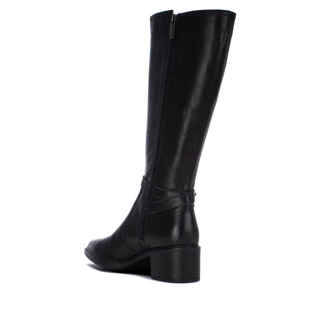 Bota Carmela em pele preta com fecho lateral, lado interior com fecho de correr