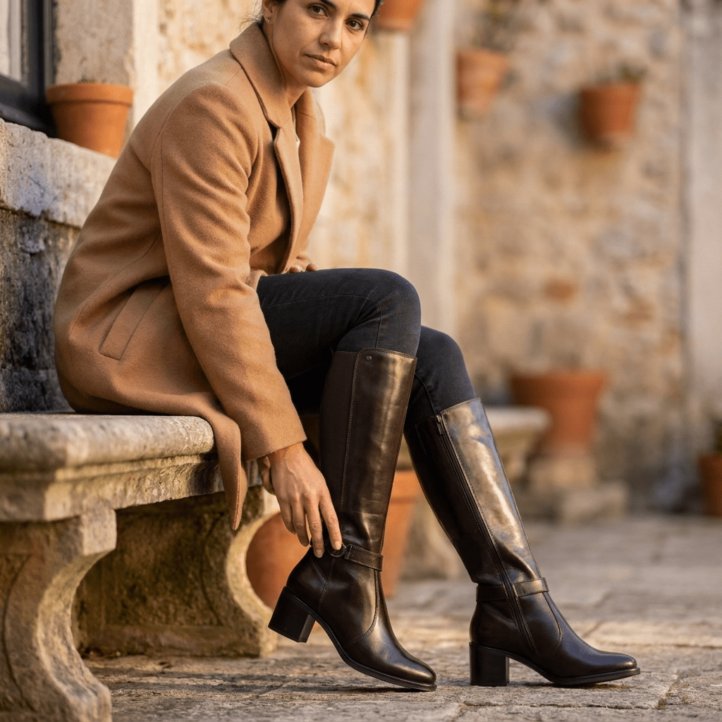 Mulher de casaco camel e ganga escura sentada num banco de pedra, com bota cavaleira Keys castanho-escuro de cano alto e salto largo