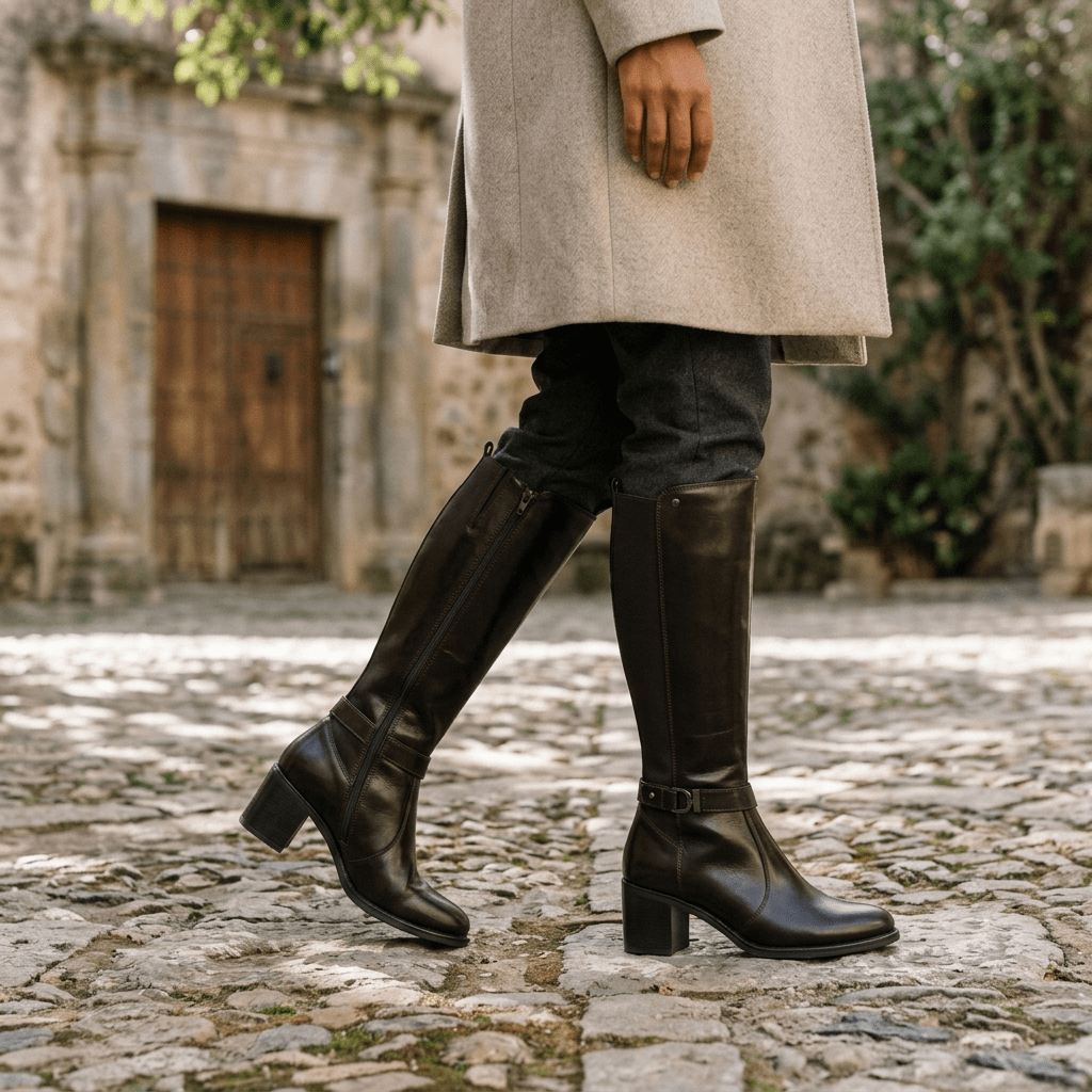Mulher a caminhar numa rua de calçada, com casaco cinzento e calças escuras, a usar bota cavaleira Keys castanho-escuro de cano alto e fecho lateral